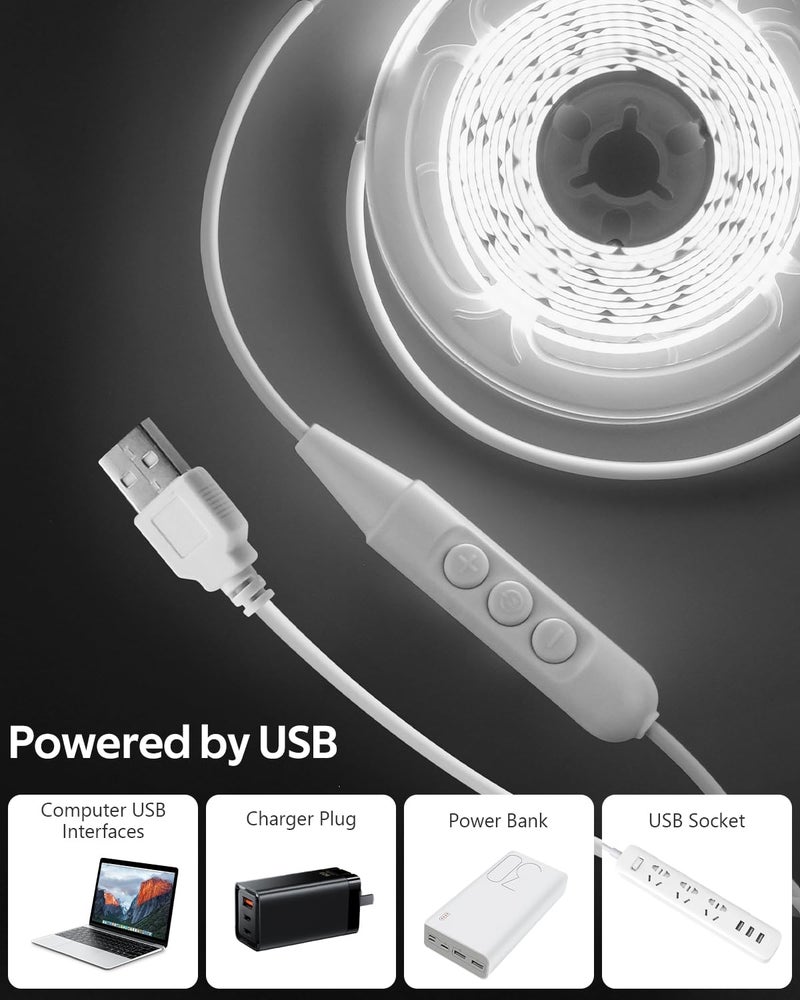 Aclorol شريط إضاءة LED COB 5V 1M أكلورول أبيض 6000K قابل للتعتيم مزود بالطاقة عبر USB إضاءة خلفية للتلفاز 3.28 قدم 320 ليد شريط LED مرن فائق السطوع لطابعة ثلاثية الأبعاد مطبخ تحت الخزائن ديكور منزلي CRI>85 - Image 2