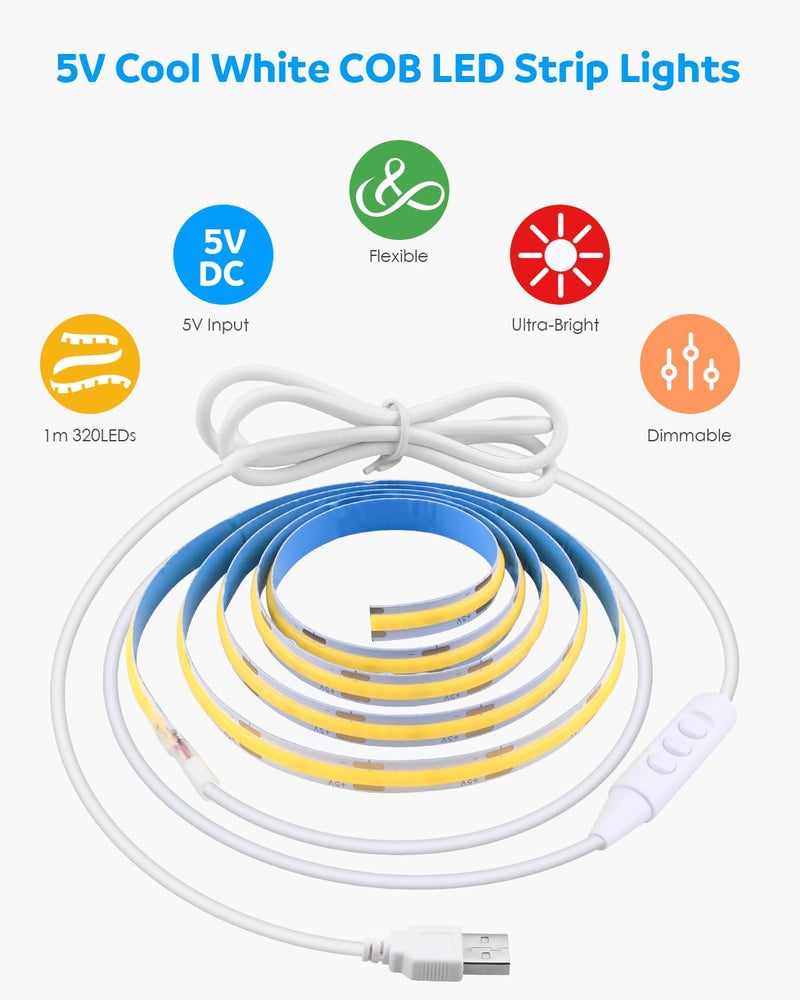 Aclorol شريط إضاءة LED COB 5V 1M أكلورول أبيض 6000K قابل للتعتيم مزود بالطاقة عبر USB إضاءة خلفية للتلفاز 3.28 قدم 320 ليد شريط LED مرن فائق السطوع لطابعة ثلاثية الأبعاد مطبخ تحت الخزائن ديكور منزلي CRI>85 - Image 4
