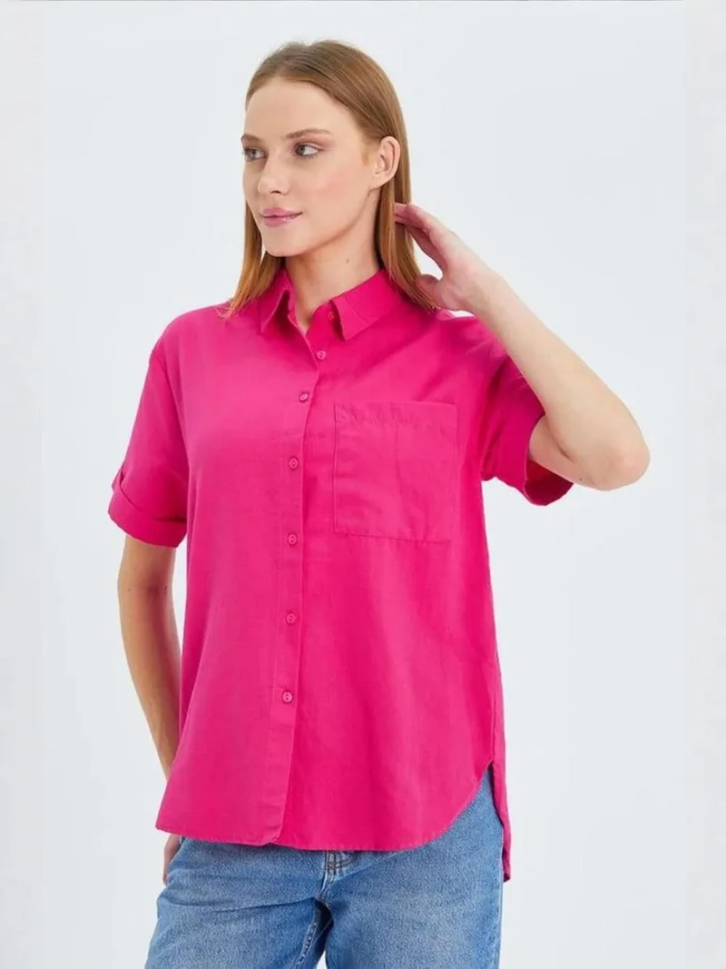 Mixray Neon Pink MIXRAY Short Sleeve Shirt with Pockets for Women | Best Price UAE