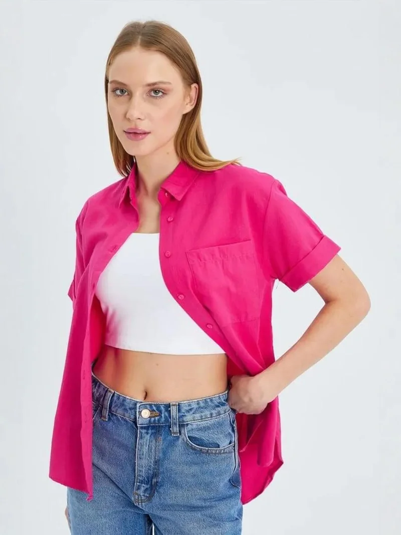Mixray Neon Pink MIXRAY Short Sleeve Shirt with Pockets for Women | Best Price UAE