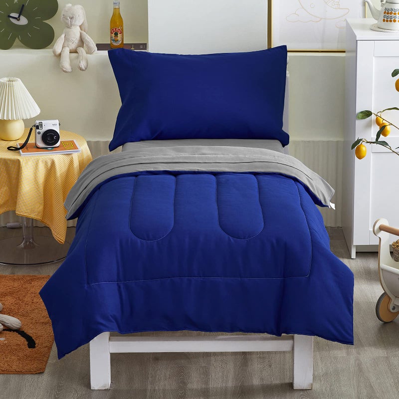 UOZZI BEDDING 4 Pieces Toddler Bedding Set Ultra Soft and Breathable Toddler Sheet Set - Includes Comforter, Flat Sheet, Fitted Sheet and Pillowcase - Royal Blue & Gray - Image 2