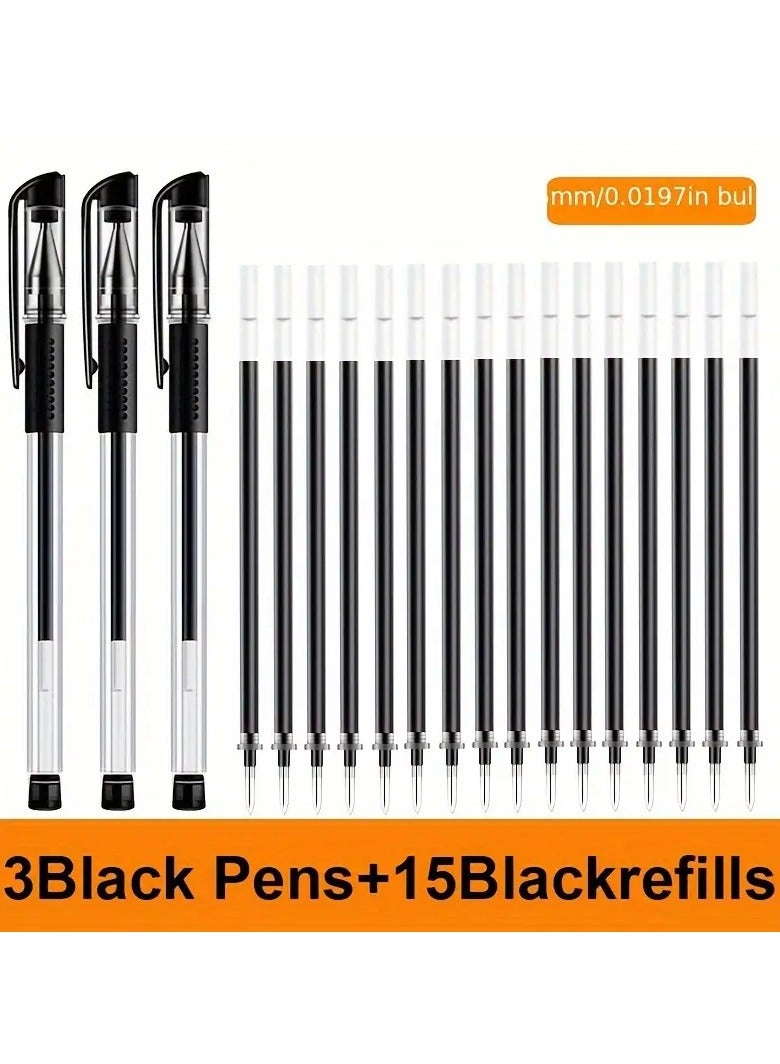 Pen 18pcs Gel Pen Set (3 Black Pens +15 Black Refills) School Supplies  Black Ink Color 0.5mm Ballpoint Pen Kawaii Pen Students School Office Stationery - Image 1
