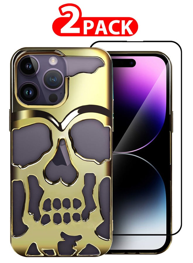 CATANES 2 Packs For iPhone 14 Pro Max Case and Screen Protector 3D Skull Breathable Phone Case Luxury Plating Colorful Matte Shockproof Cover Ultra Thin Full Surround Anti-Fall Case Gold - Image 1