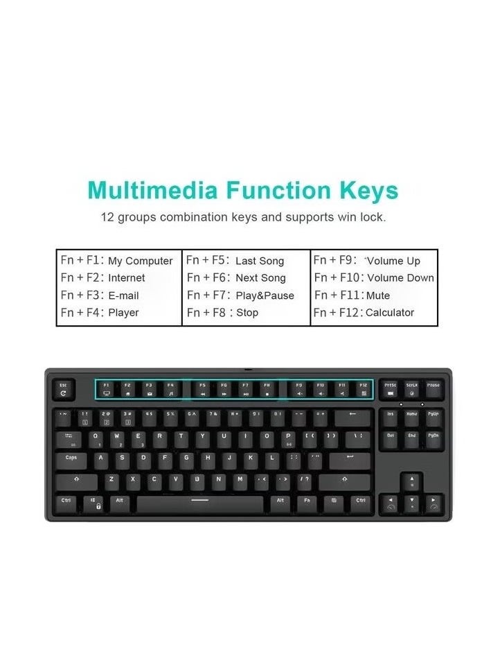 RK - RK987 Mechanical Keyboard 87 Keys White LED Backlight Tenkeyless Gaming Keyboard, Wired/Wireless Bluetooth Gaming/Office for iOS Android Windows MacOS and Linux - Image 1