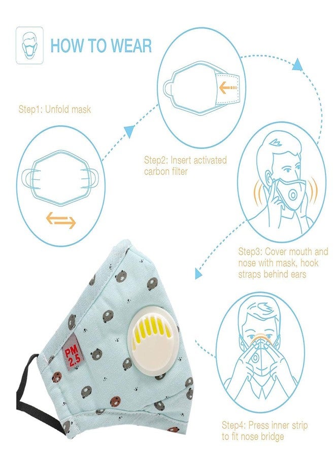 VRITRAZ Cotton Kids Children PM2.5 Washable And Reusable Anti Pollution Dust Face Mask With Replaceable Filter Bluebear - Image 3