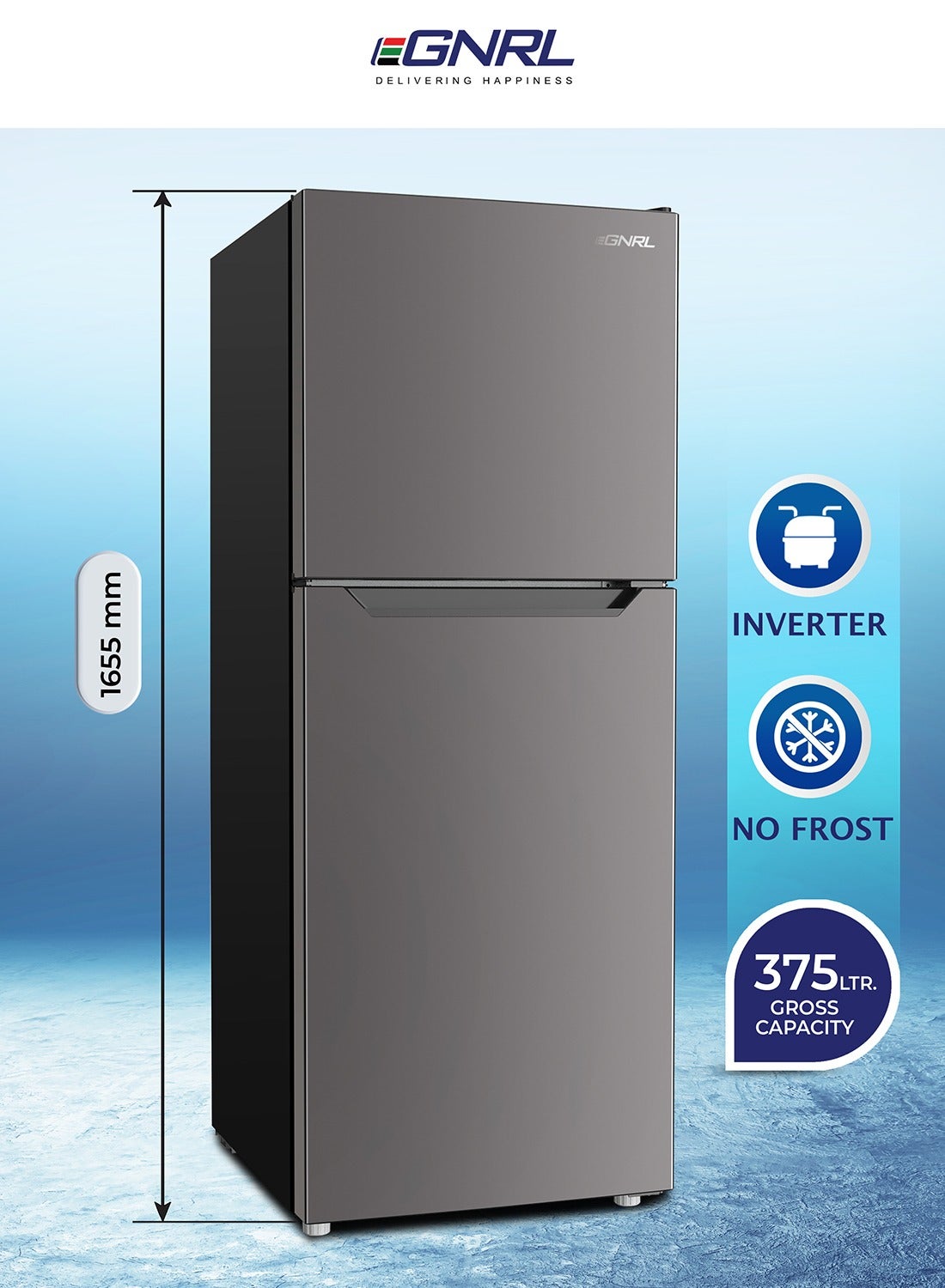 375L GROSS - 243L NET Capacity, INVERTER, NO FROST Double Door Refrigerator Dark Silver Color Recessed Handle R600A Inside Condenser EGR375S, One Year Warranty 150 W EGR375S Dark Silver