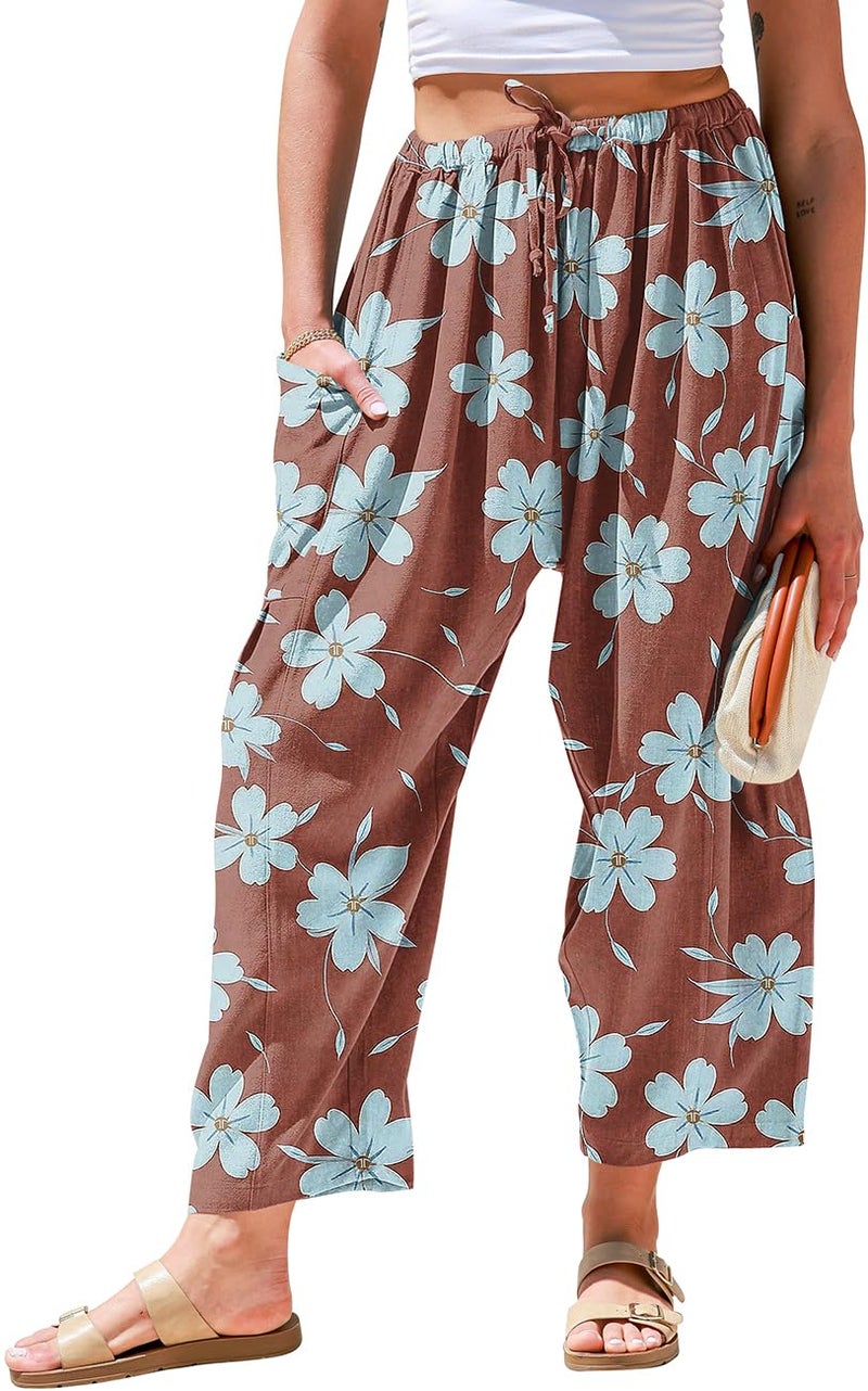 TARSE Womens Linen Wide Leg Pants Casual Loose Drawstring Low Waist Summer Beach Palazzo Harem Pants with Pockets 2026 XS - Image 1