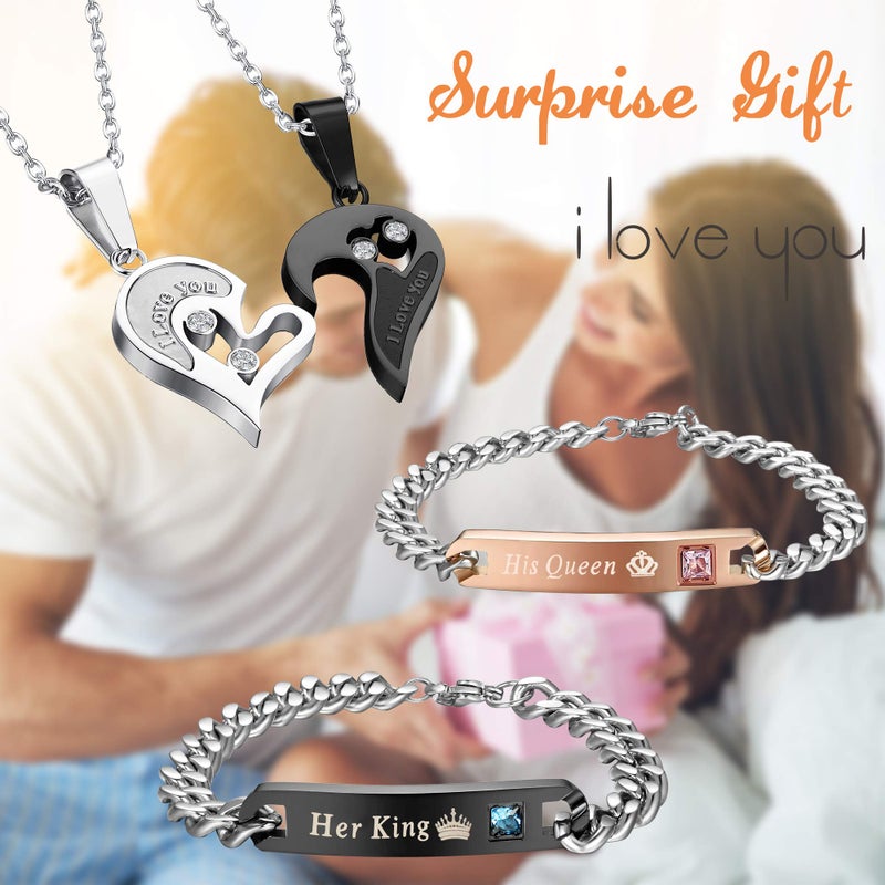 Jstyle 4Pcs Couple Necklace Bracelets Matching Set for Women Men Heart Pendant Necklace His and Hers Bracelets Couple Gift - Image 5