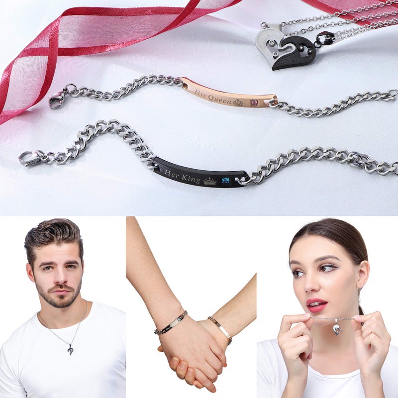 Jstyle 4Pcs Couple Necklace Bracelets Matching Set for Women Men Heart Pendant Necklace His and Hers Bracelets Couple Gift - Image 4
