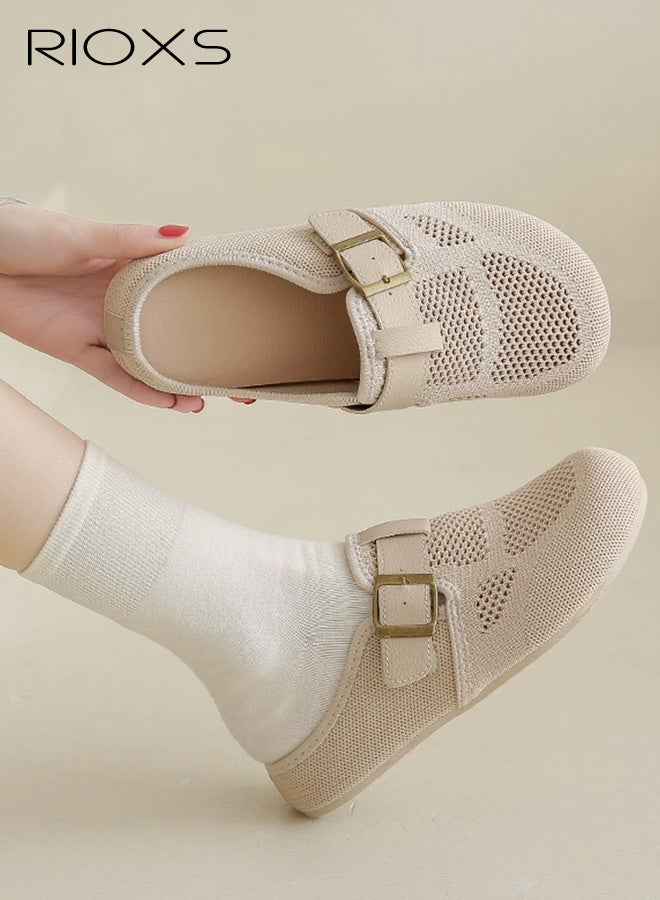 ريوكس حذاء مولز نسائي، حذاء مولز شبكي مريح من طراز Flyknit مع مشبك قابل للتعديل، حذاء مولز قابل للارتداء ومقاوم للانزلاق ومسامي للسيدات، حذاء مولز مسطح خفيف الوزن وبسيط للارتداء في الإجازات أو التسوق أو العمل أو المواعيد أو للارتداء اليومي، لون بيج - Image 1