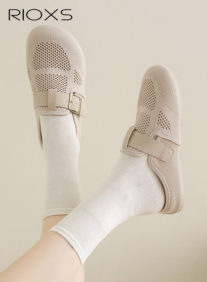 ريوكس حذاء مولز نسائي، حذاء مولز شبكي مريح من طراز Flyknit مع مشبك قابل للتعديل، حذاء مولز قابل للارتداء ومقاوم للانزلاق ومسامي للسيدات، حذاء مولز مسطح خفيف الوزن وبسيط للارتداء في الإجازات أو التسوق أو العمل أو المواعيد أو للارتداء اليومي، لون بيج - Image 5