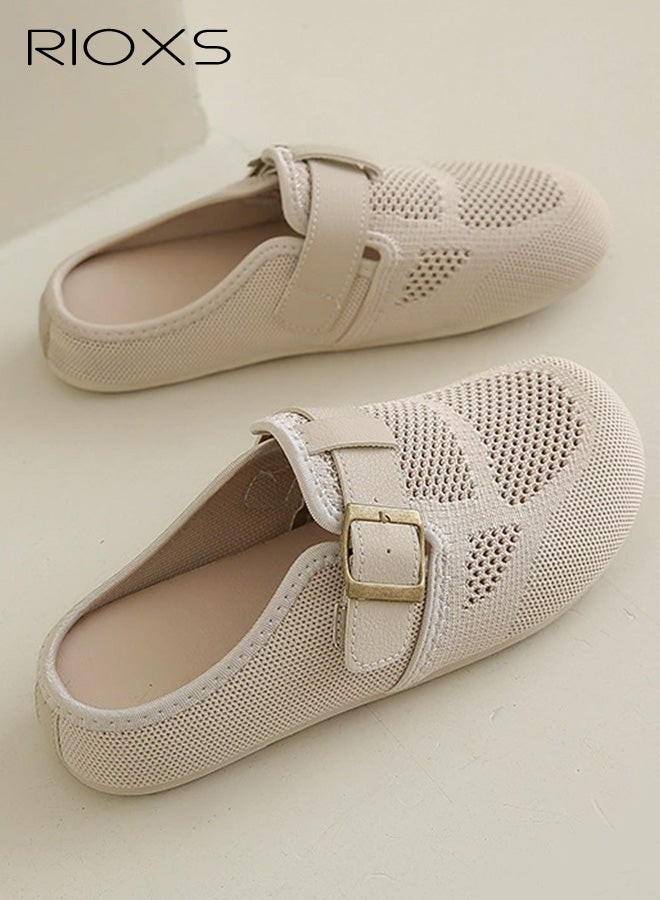 ريوكس حذاء مولز نسائي، حذاء مولز شبكي مريح من طراز Flyknit مع مشبك قابل للتعديل، حذاء مولز قابل للارتداء ومقاوم للانزلاق ومسامي للسيدات، حذاء مولز مسطح خفيف الوزن وبسيط للارتداء في الإجازات أو التسوق أو العمل أو المواعيد أو للارتداء اليومي، لون بيج - Image 4