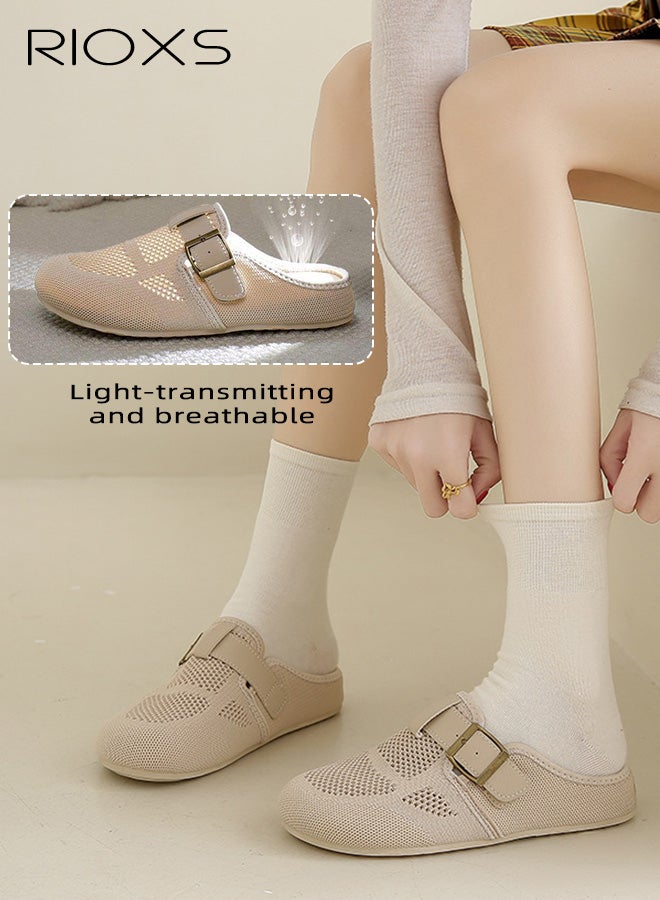 ريوكس حذاء مولز نسائي، حذاء مولز شبكي مريح من طراز Flyknit مع مشبك قابل للتعديل، حذاء مولز قابل للارتداء ومقاوم للانزلاق ومسامي للسيدات، حذاء مولز مسطح خفيف الوزن وبسيط للارتداء في الإجازات أو التسوق أو العمل أو المواعيد أو للارتداء اليومي، لون بيج - Image 3