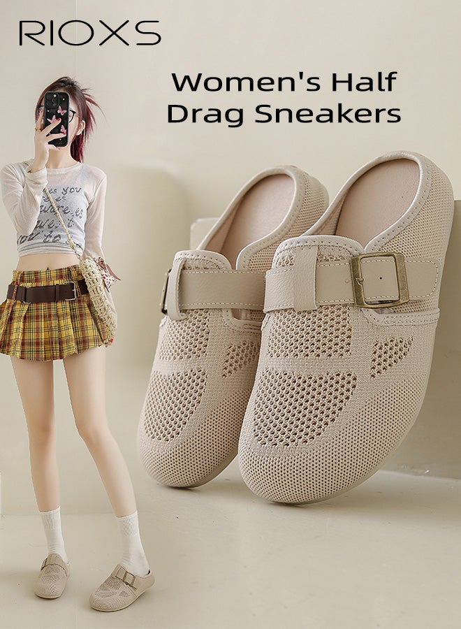 ريوكس حذاء مولز نسائي، حذاء مولز شبكي مريح من طراز Flyknit مع مشبك قابل للتعديل، حذاء مولز قابل للارتداء ومقاوم للانزلاق ومسامي للسيدات، حذاء مولز مسطح خفيف الوزن وبسيط للارتداء في الإجازات أو التسوق أو العمل أو المواعيد أو للارتداء اليومي، لون بيج - Image 2