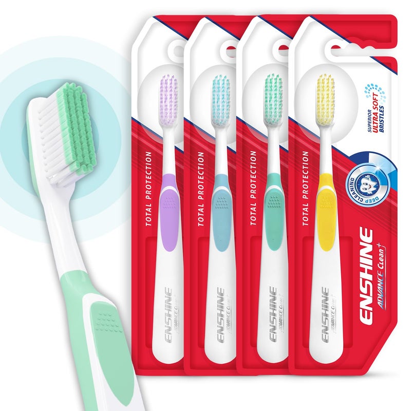 Enshine Advance Clean + Toothbrush Set | Ultra Soft Bristles, Compact Brush Head & Effective Tongue Cleaner | Complete Oral Care Manual Tooth Brush Set for Adults - Pack of 4 (Multicolor) - Image 1