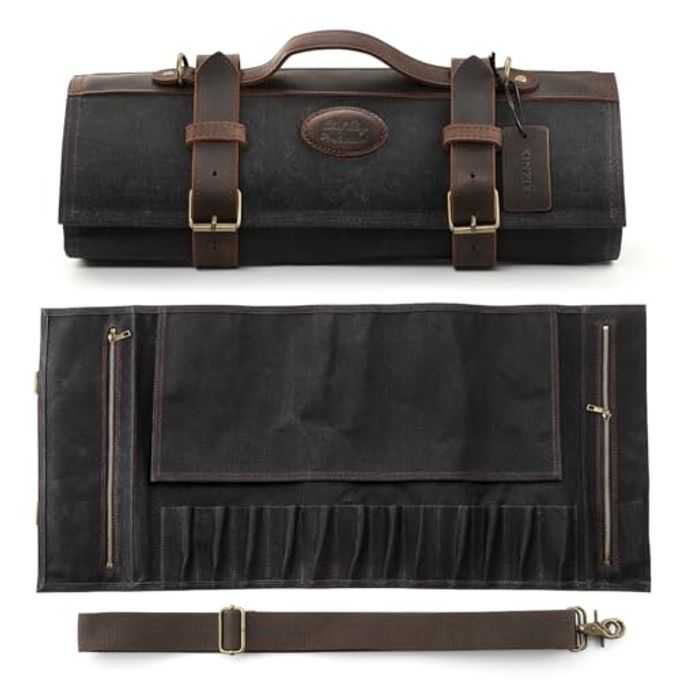 XINZUO Chef Knife Roll Bag Professional,16oz Waxed Canvas and Crazy Horse Leather,12 Slots Plus 2 Zipper Pockets,Adjustable Shoulder Strap-Travel Tool Roll Pouch(Bag Only)