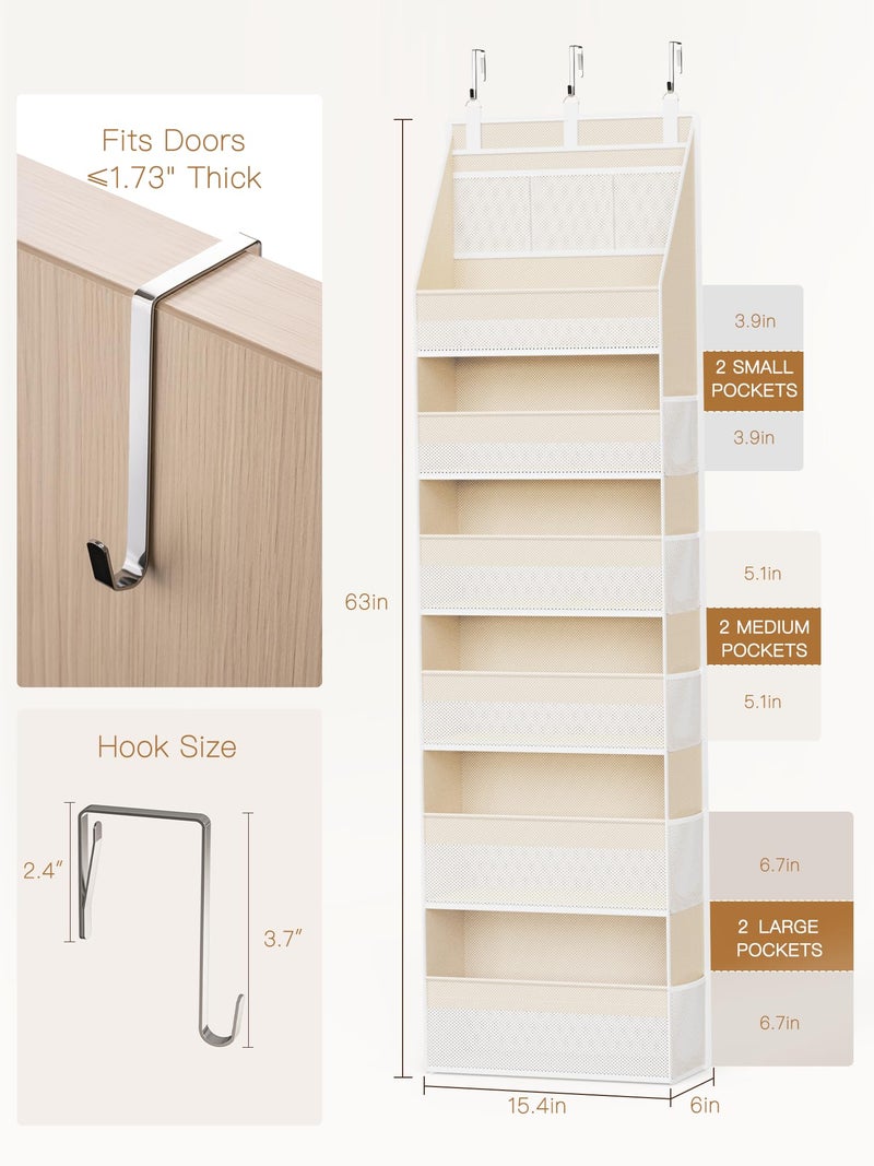 Criusia Over the Door Organizer, 6-Shelf Closet Hanging Storage with 13 Mesh Pockets, 55lbs Capacity Behind the Door Storage for Baby Nursery, Bathroom, Bedroom, and Dorm, Beige - Image 2