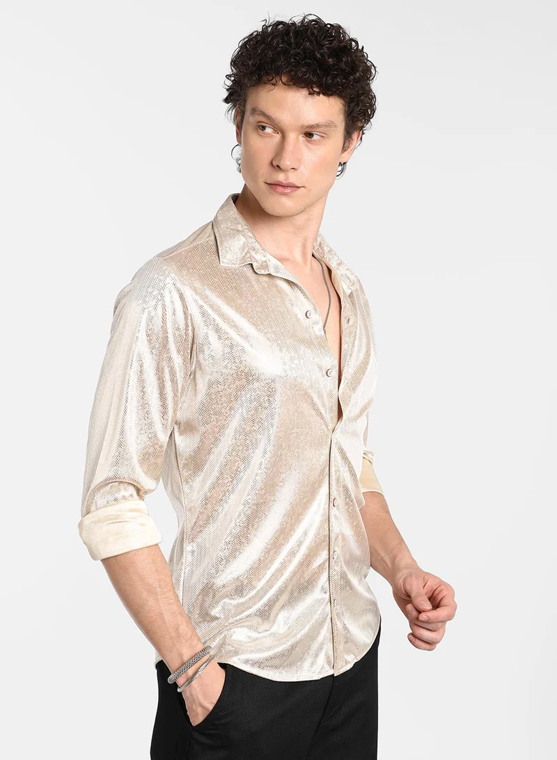 Campus Sutra Men's Metallic Beige Sheen Chevron Shirt