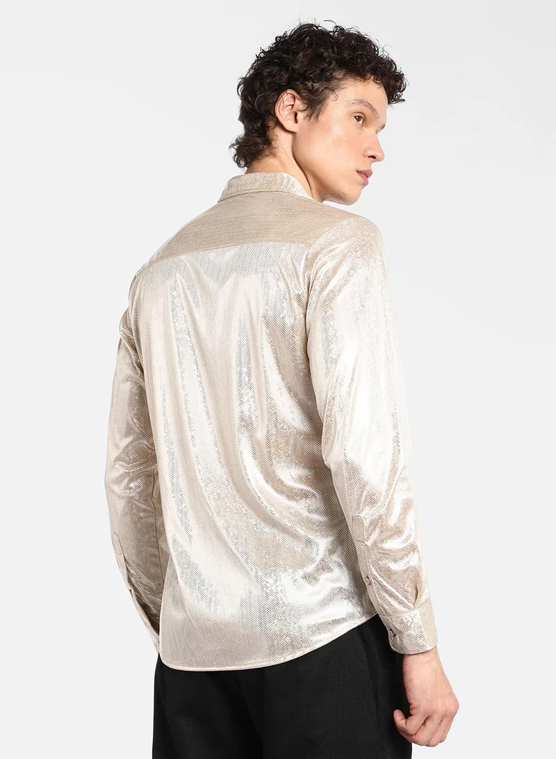 Campus Sutra Men's Metallic Beige Sheen Chevron Shirt