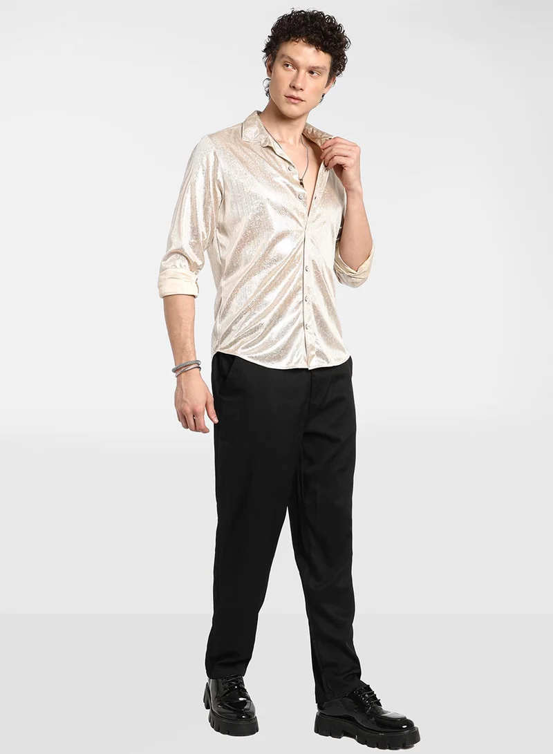Campus Sutra Men's Metallic Beige Sheen Chevron Shirt