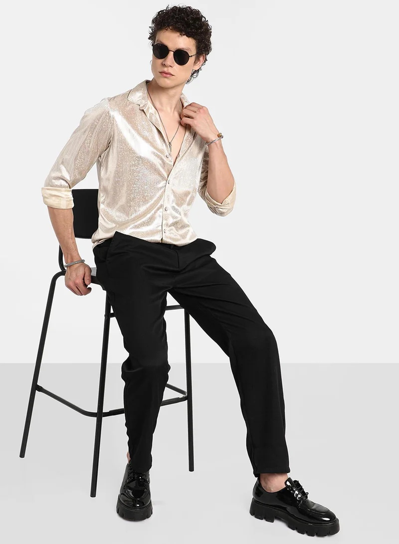 Campus Sutra Men's Metallic Beige Sheen Chevron Shirt