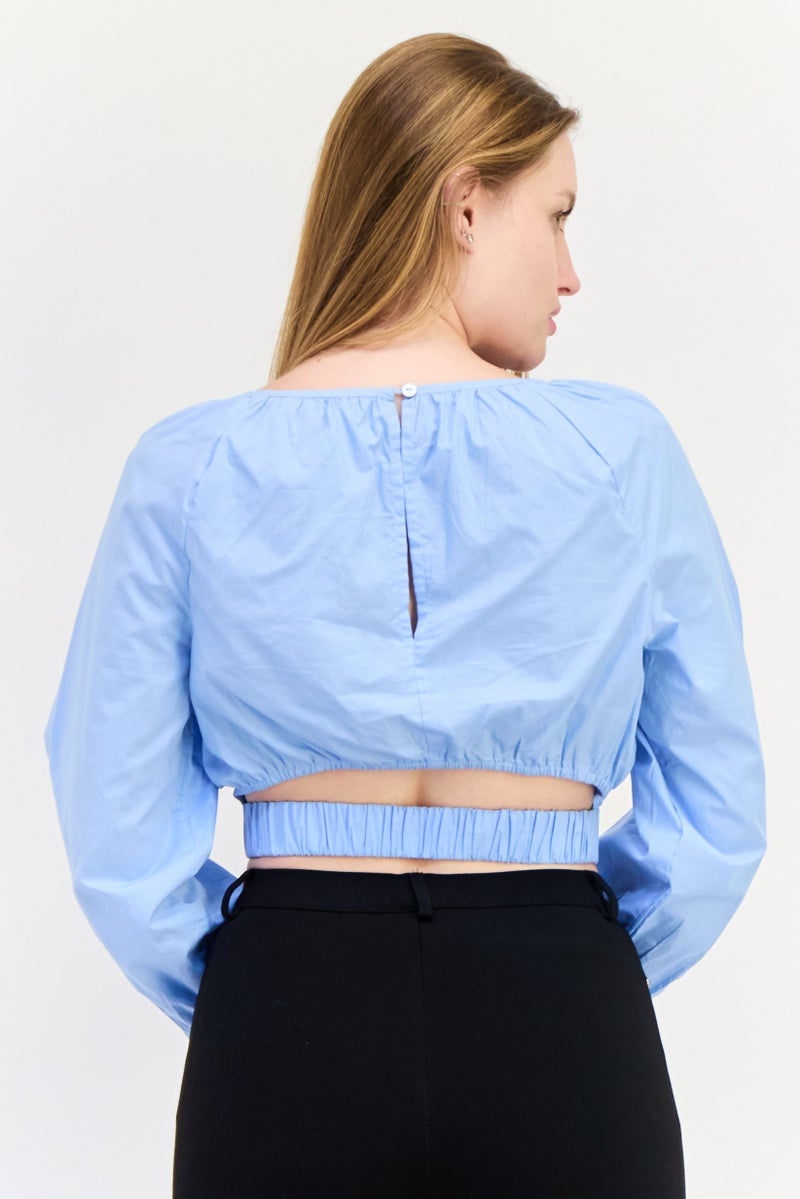 ONLY Women Round Neck Long Sleeve Solid Blouse, Pale Blue - Image 3