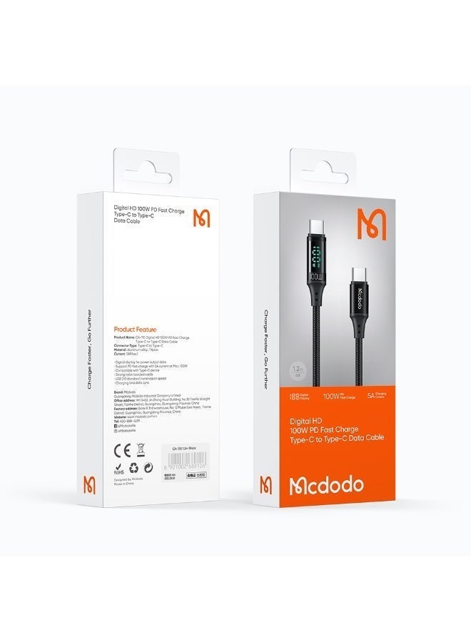 Mcdodo 100W Digital Display USB-C to USB-C Fast Charging Cable 1.2m – Type-C PD Data Sync Cable for Android Phones, Samsung Galaxy, Tablets, Laptops – Black - Image 4