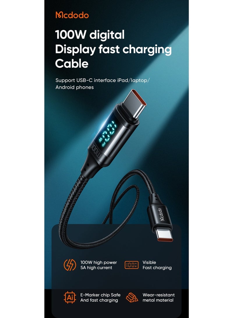 Mcdodo 100W Digital Display USB-C to USB-C Fast Charging Cable 1.2m – Type-C PD Data Sync Cable for Android Phones, Samsung Galaxy, Tablets, Laptops – Black - Image 2