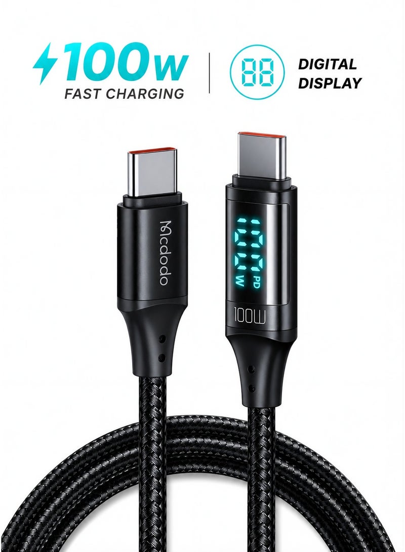 Mcdodo 100W Digital Display USB-C to USB-C Fast Charging Cable 1.2m – Type-C PD Data Sync Cable for Android Phones, Samsung Galaxy, Tablets, Laptops – Black - Image 1