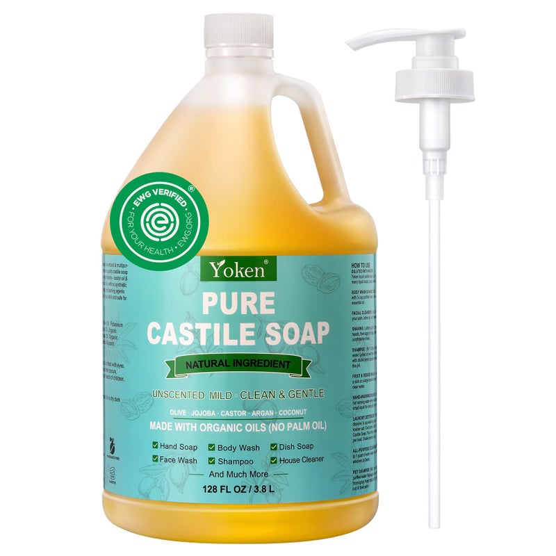 Yoken Castile Soap Liquid EWG Verified(1 Gallon, Unscented) Pure-Castile Liquid Soap for Body, Face, Hand, Pets, Laundry, Dish Soap and More - Made With Organic Oil, Vegan, Clean & Gentle, Versatile - Image 1