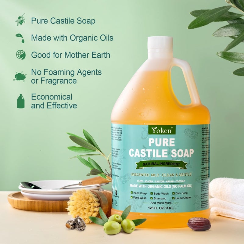 Yoken Castile Soap Liquid EWG Verified(1 Gallon, Unscented) Pure-Castile Liquid Soap for Body, Face, Hand, Pets, Laundry, Dish Soap and More - Made With Organic Oil, Vegan, Clean & Gentle, Versatile - Image 2