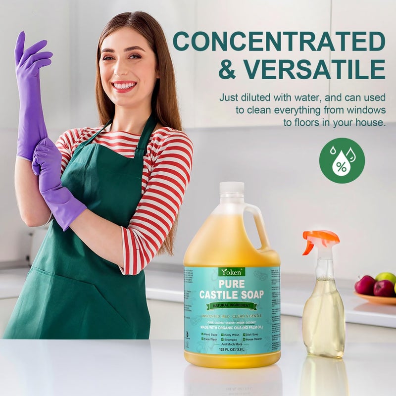 Yoken Castile Soap Liquid EWG Verified(1 Gallon, Unscented) Pure-Castile Liquid Soap for Body, Face, Hand, Pets, Laundry, Dish Soap and More - Made With Organic Oil, Vegan, Clean & Gentle, Versatile - Image 5