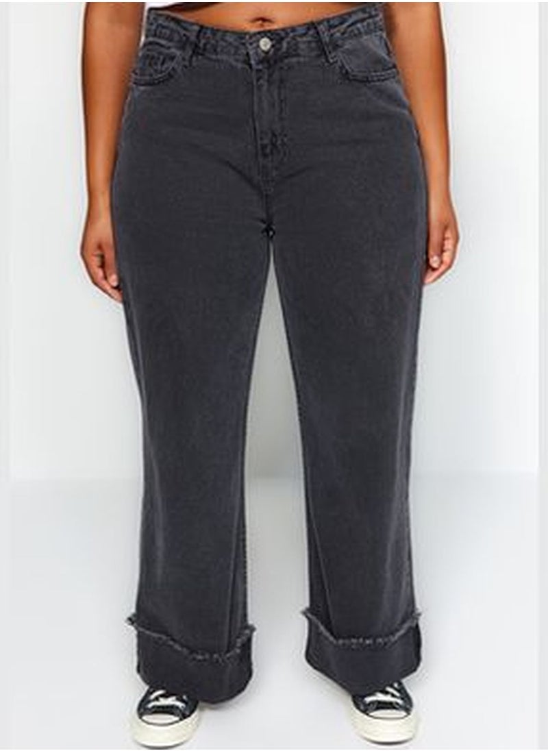 trendyol Gray High Waist Wide Cut Jeans with Turn-Up Detail  - Image 4