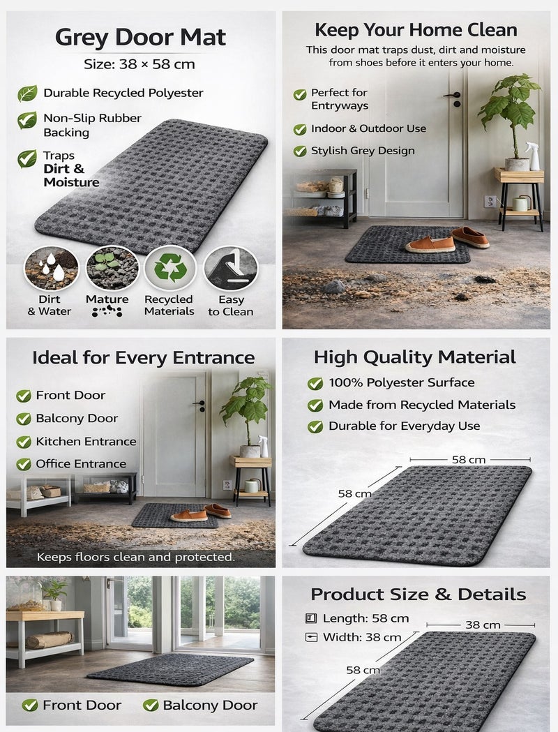 Selecto Hub Grey Door Mat 38x58 cm – Non-Slip Rubber Backing Indoor Outdoor Entrance Mat, Dirt & Moisture Absorbent, Durable Recycled Polyester Floor Mat - Image 2