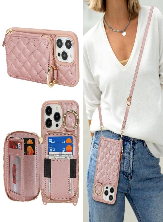 Hamany for iPhone 15 Pro Max Case Wallet with Card Holder for Women,for iPhone 15 Pro Max Phone case Wallet with Strap Credit Card Slots Crossbody with Kickstand Zipper Case-Rose Gold - Image 1