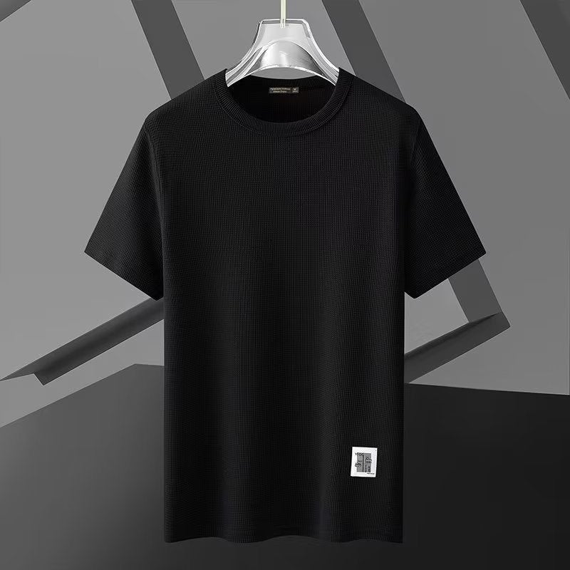 Trendy Brand Waffle Short-Sleeved T-Shirt Men'S Loose Crewneck Anti-Wrinkle Solid Color Base Shirt Trendy Solid Color Men'S T-Shirt - Image 1