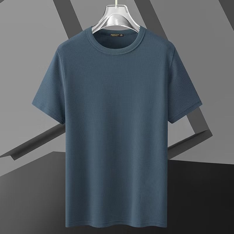 Trendy Brand Waffle Short-Sleeved T-Shirt Men'S Loose Crewneck Anti-Wrinkle Solid Color Base Shirt Trendy Solid Color Men'S T-Shirt - Image 2