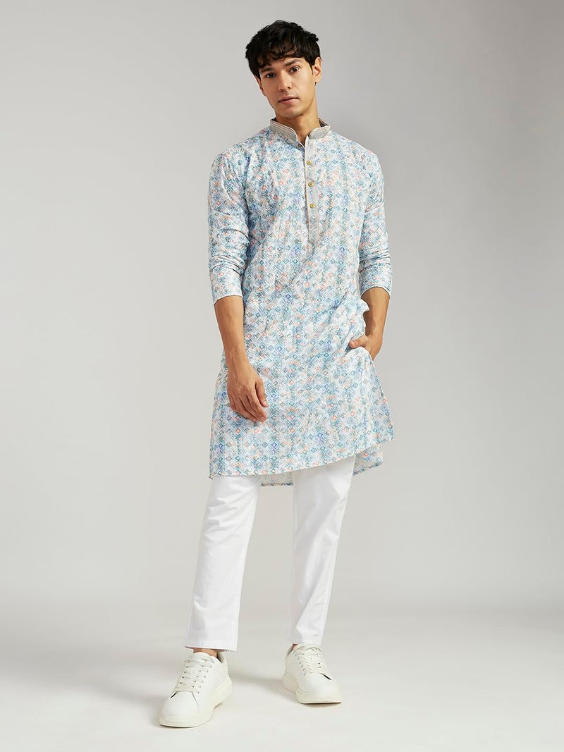VASTRAMAY Men’s Cotton Kurta for Men I All Over Embroidered and Schiffily Knee Length Straight Regula Kurta I Casual Festive Wedding Dressing Style Aqua | Perfect for Navratri | Elegant - Image 2