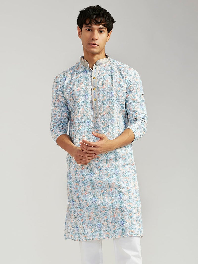 VASTRAMAY Men’s Cotton Kurta for Men I All Over Embroidered and Schiffily Knee Length Straight Regula Kurta I Casual Festive Wedding Dressing Style Aqua | Perfect for Navratri | Elegant - Image 3