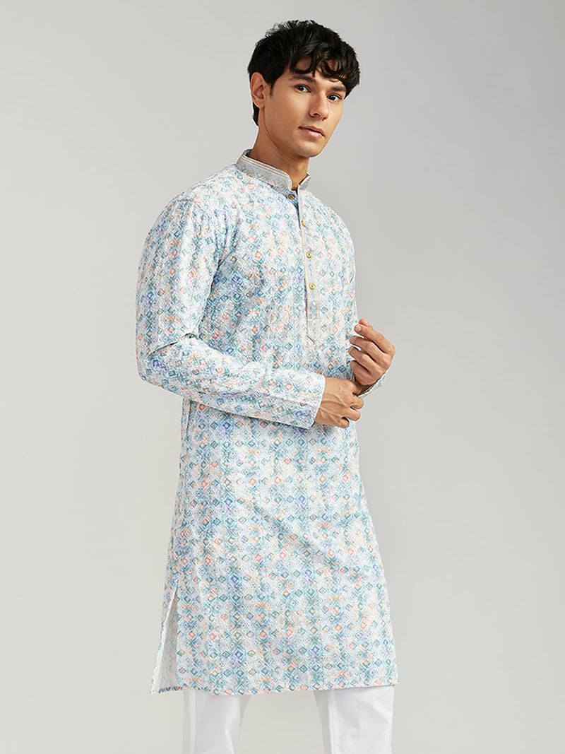 VASTRAMAY Men’s Cotton Kurta for Men I All Over Embroidered and Schiffily Knee Length Straight Regula Kurta I Casual Festive Wedding Dressing Style Aqua | Perfect for Navratri | Elegant - Image 5