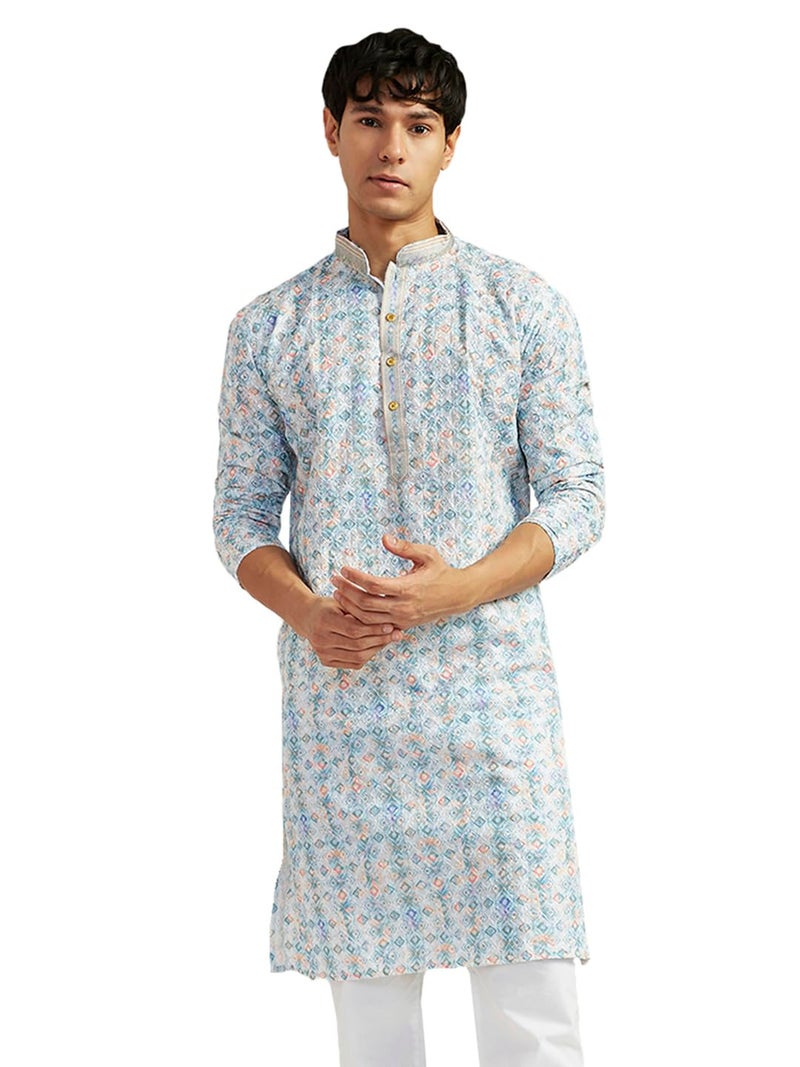 VASTRAMAY Men’s Cotton Kurta for Men I All Over Embroidered and Schiffily Knee Length Straight Regula Kurta I Casual Festive Wedding Dressing Style Aqua | Perfect for Navratri | Elegant - Image 1