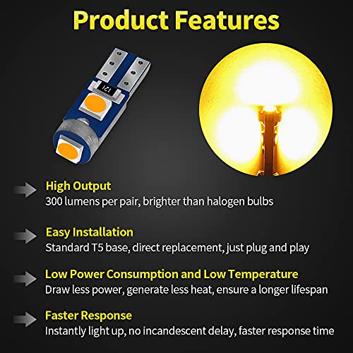 AUXLIGHT 20 Piece T5 LED Bulbs Dashboard Lights 3030 Chipsets 74 37 27 17 2721 Replacements for Interior Dome Door Instrument Panel Cluster Light, Amber Yellow - Image 2