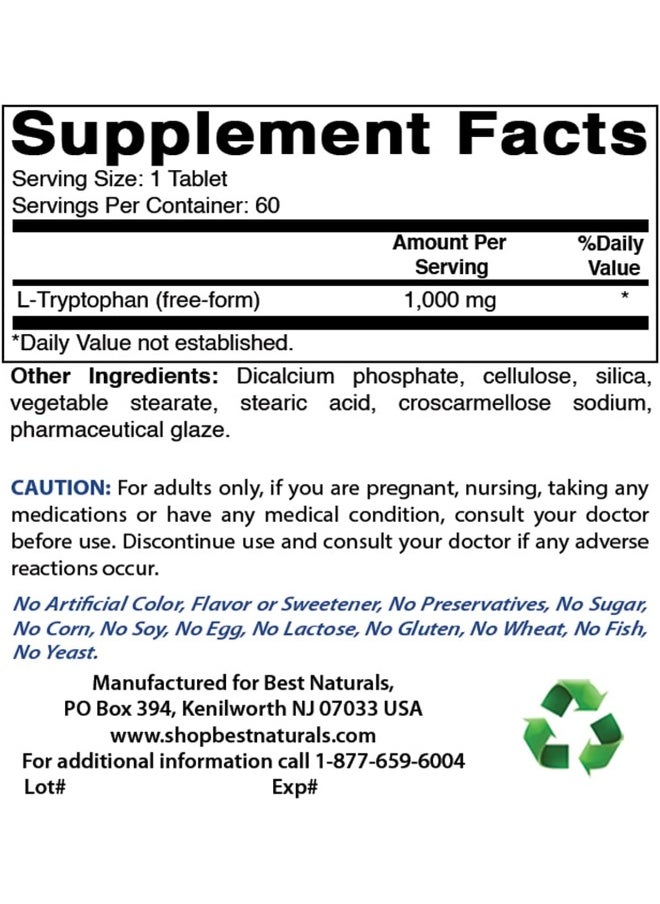 Best Naturals L-Tryptophan 1000 Mg 60 Tablets  - Image 2