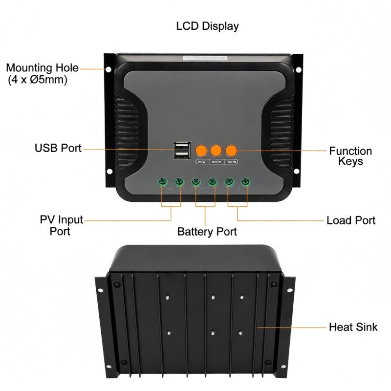 80A Solar Power Controller PWM Battery Charging Controller 12V-48V Lithium Battery Solar Charge Controller with Bulk/Boost/Float Charge LCD Display 12V/24V/36V/48V Auto Detection Dual 5V USB Output - Image 5