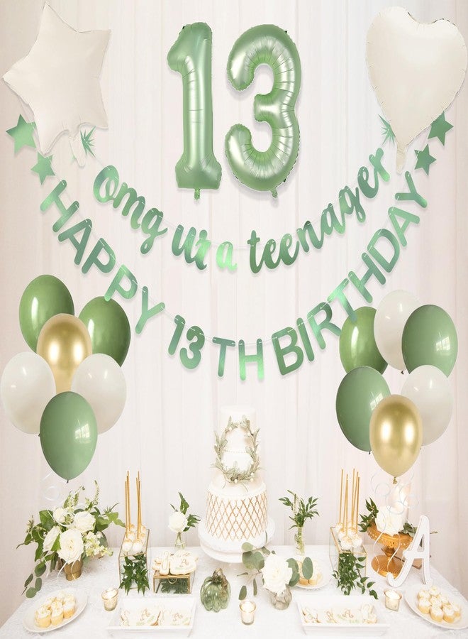 بينك بلوم لافتة عيد ميلاد سعيد الثالثة عشرة باللون الأخضر الزيتوني، مزينة ببالونات فويل، تحمل عبارة "يا إلهي، أنتِ مراهقة!"، وزينة رسمية لعيد ميلاد الفتاة المراهقة الثالثة عشرة، ومستلزمات حفلات عيد ميلاد الفتيات بعمر 13 عامًا. - Image 3