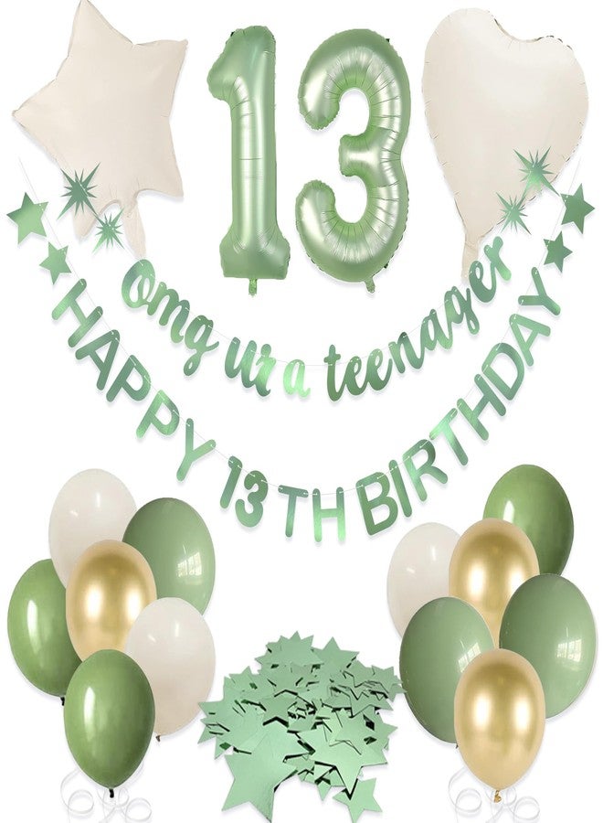 بينك بلوم لافتة عيد ميلاد سعيد الثالثة عشرة باللون الأخضر الزيتوني، مزينة ببالونات فويل، تحمل عبارة "يا إلهي، أنتِ مراهقة!"، وزينة رسمية لعيد ميلاد الفتاة المراهقة الثالثة عشرة، ومستلزمات حفلات عيد ميلاد الفتيات بعمر 13 عامًا. - Image 1