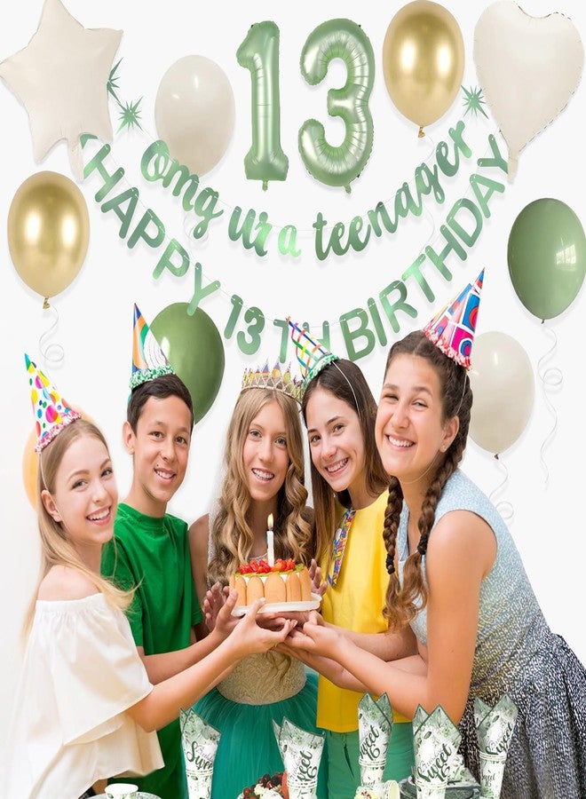 بينك بلوم لافتة عيد ميلاد سعيد الثالثة عشرة باللون الأخضر الزيتوني، مزينة ببالونات فويل، تحمل عبارة "يا إلهي، أنتِ مراهقة!"، وزينة رسمية لعيد ميلاد الفتاة المراهقة الثالثة عشرة، ومستلزمات حفلات عيد ميلاد الفتيات بعمر 13 عامًا. - Image 4