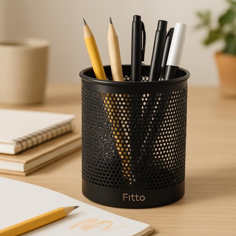 FITTO Round Pen Holder 10x8cm Black for Office Desk Organization - Image 2