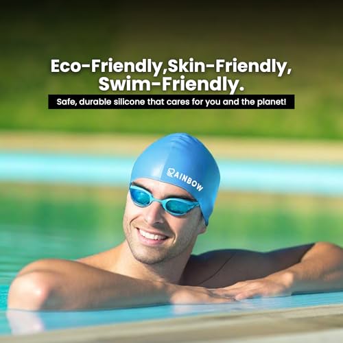 Rainbow Silicone Swimming Cap for Men, Women & Kids | Stretchable Swim Cap for Long & Short Hair | Durable, Waterproof & Comfortable Fit - Blue - Image 4