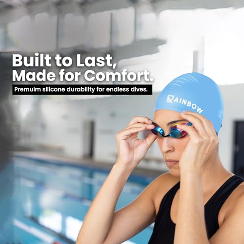 Rainbow Silicone Swimming Cap for Men, Women & Kids | Stretchable Swim Cap for Long & Short Hair | Durable, Waterproof & Comfortable Fit - Blue - Image 2